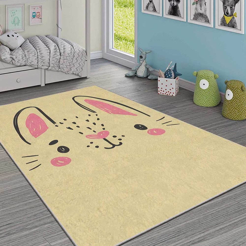 LaModaHome Area Rug Non-Slip - Yellow Cat face Soft Machine Washable Bedroom Rugs Indoor Outdoor Bathroom Mat Kids Child Stain Resistant Living Room Kitchen Carpet 3.3 x 9.9 ft