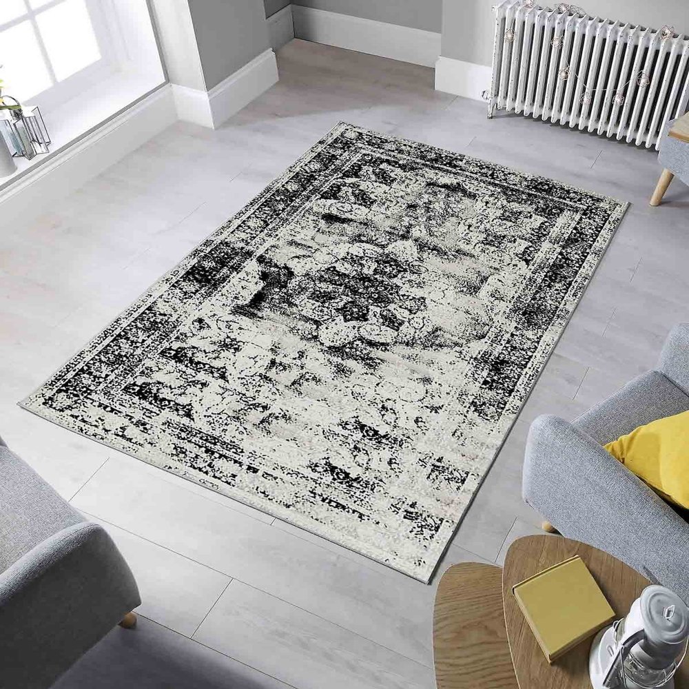 LaModaHome Area Rug Non-Slip - Grey Border and Faint Soft Machine Washable Bedroom Rugs Indoor Outdoor Bathroom Mat Kids Child Stain Resistant Living Room Kitchen Carpet 2.7 x 5 ft