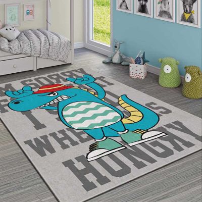 LaModaHome Area Rug Non-Slip - Grey Dinosaur Soft Machine Washable Bedroom Rugs Indoor Outdoor Bathroom Mat Kids Child Stain Resistant Living Room Kitchen Carpet 2.7 x 6.6 ft