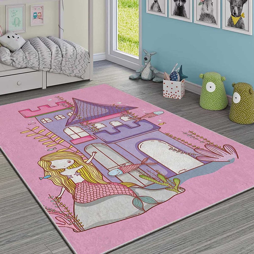 LaModaHome Area Rug Non-Slip - Pink Mermaid Soft Machine Washable Bedroom Rugs Indoor Outdoor Bathroom Mat Kids Child Stain Resistant Living Room Kitchen Carpet 3.3 x 9.9 ft (58A)