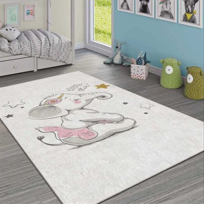 LaModaHome Area Rug Non-Slip - White Elephant Soft Machine Washable Bedroom Rugs Indoor Outdoor Bathroom Mat Kids Child Stain Resistant Living Room Kitchen Carpet 2.7 x 4 ft