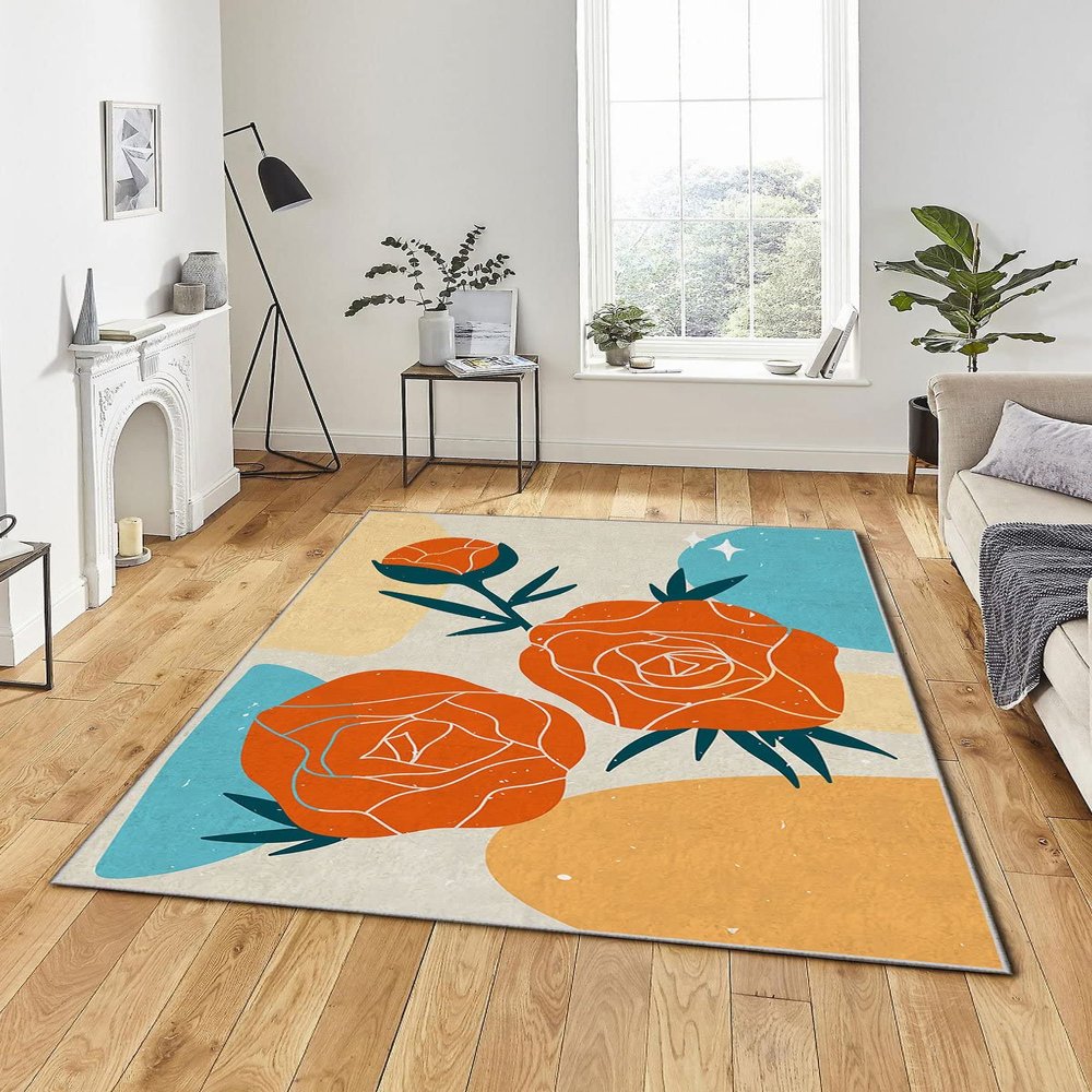 LaModaHome Area Rug Non-Slip - Blue Flower Soft Machine Washable Bedroom Rugs Indoor Outdoor Bathroom Mat Kids Child Stain Resistant Living Room Kitchen Carpet 3.3 x 9.9 ft