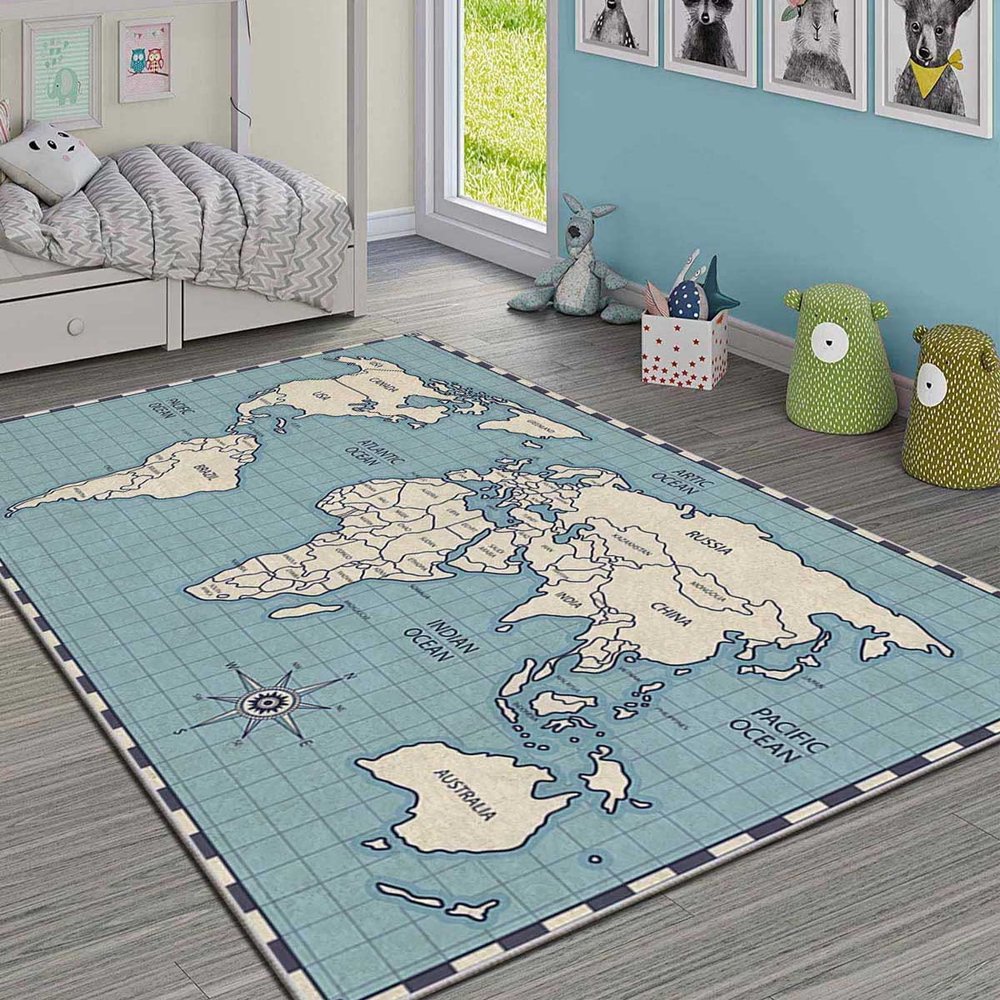 LaModaHome Area Rug Non-Slip - Blue Map Soft Machine Washable Bedroom Rugs Indoor Outdoor Bathroom Mat Kids Child Stain Resistant Living Room Kitchen Carpet 3.3 x 9.9 ft