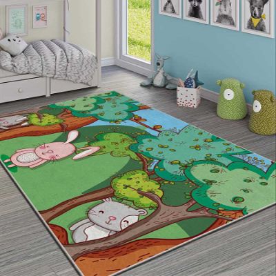 LaModaHome Area Rug Non-Slip - Green Rabbit and Mouse Soft Machine Washable Bedroom Rugs Indoor Outdoor Bathroom Mat Kids Child Stain Resistant Living Room Kitchen Carpet 2.7 x 5 ft
