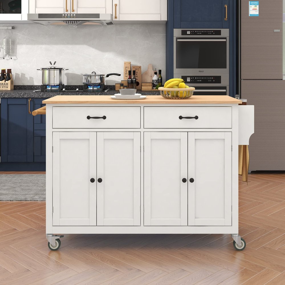 DSHADE Kitchen Island Storage Cabinet Kitchen Island Cart with 4 Door Cabinet and Two Drawers Solid Wood Top,Adjustable Shelves,Spice & Towel Rack 2 Locking Wheels for Home Hotel Kitchen (White)