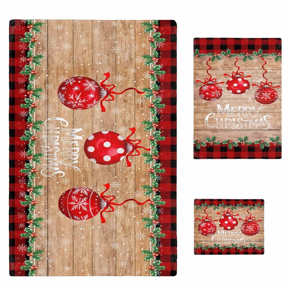 3-Piece Towel Set - Bath Towels Hand Towels Wash Cloths, Absorbent and Drying Christmas Balls Holly Berry Farmhouse Rustic Wooden Board Buffalo Check Towel Set for Kitchen/Bathroom/Gym/Swimming Pool