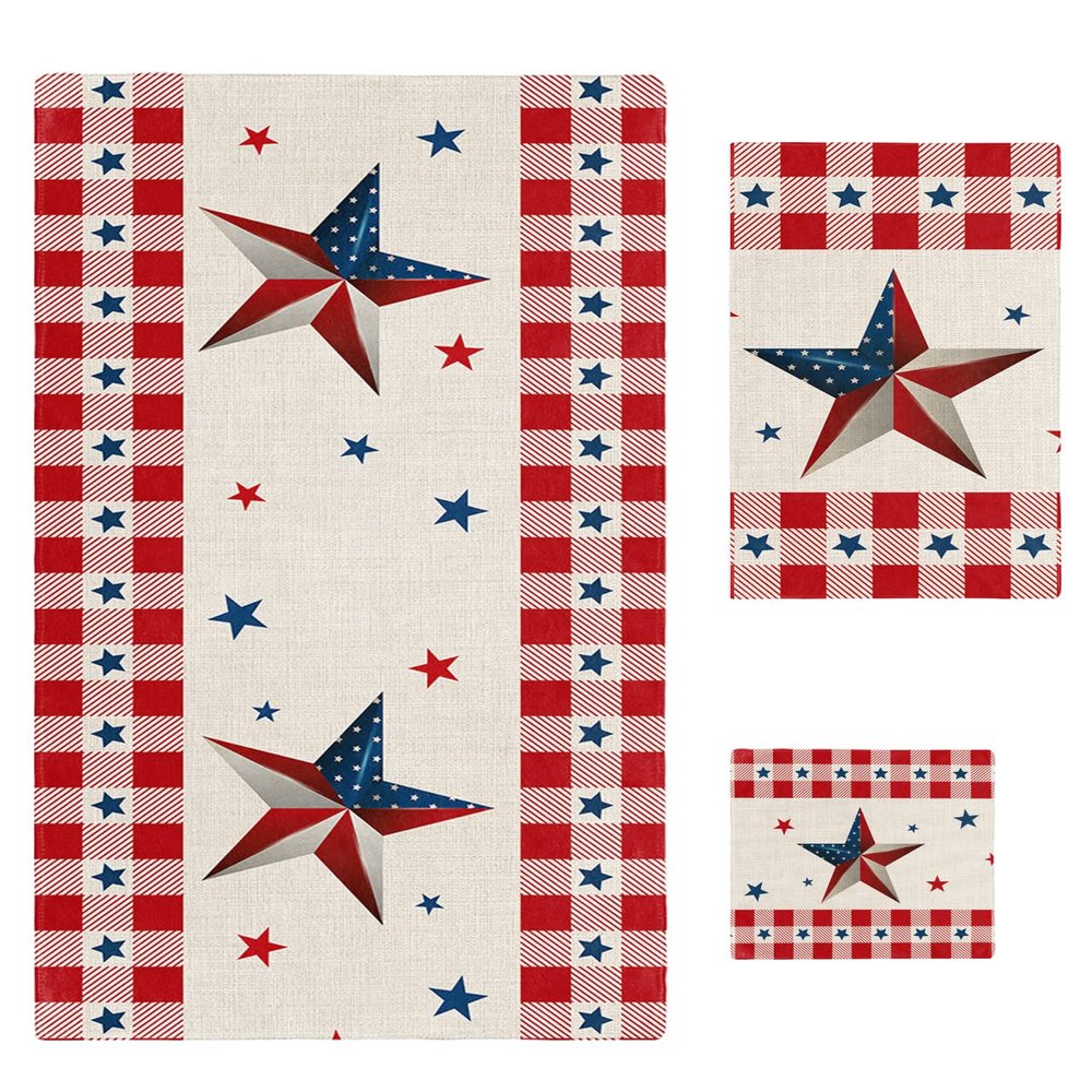 3-Piece Towel Set - Bath Towels Hand Towels Wash Cloths, Absorbent and Drying Red Buffalo Plaid American Flag Patriotic Star Independence Day Towel Set for Kitchen/Bathroom/Gym/Swimming Pool