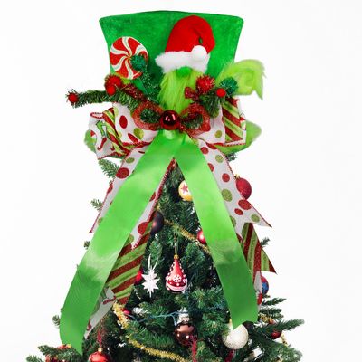 Lordaeron Christmas Tree Topper Hat,Large Green Velvet Hat and Lengthened Bowknot Christmas Tree Decorations Tabletop Ornaments for Holiday Home Decor