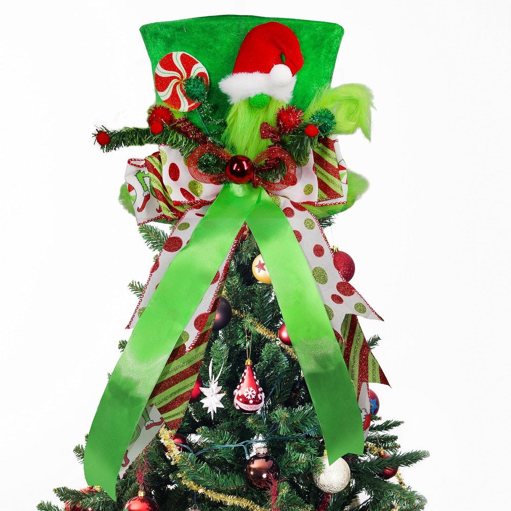 Lordaeron Christmas Tree Topper Hat,Large Green Velvet Hat and Lengthened Bowknot Christmas Tree Decorations Tabletop Ornaments for Holiday Home Decor