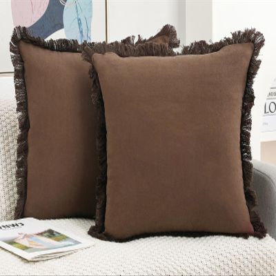 NUYECY Set of 2 Natural Linen Fringed Throw Pillow Covers,Chocolate Neutral Decorative Pillowcase with Chic Tassel Burlap Boho Square Cushion Covers for Couch Sofa Farmhouse,22x22 inches