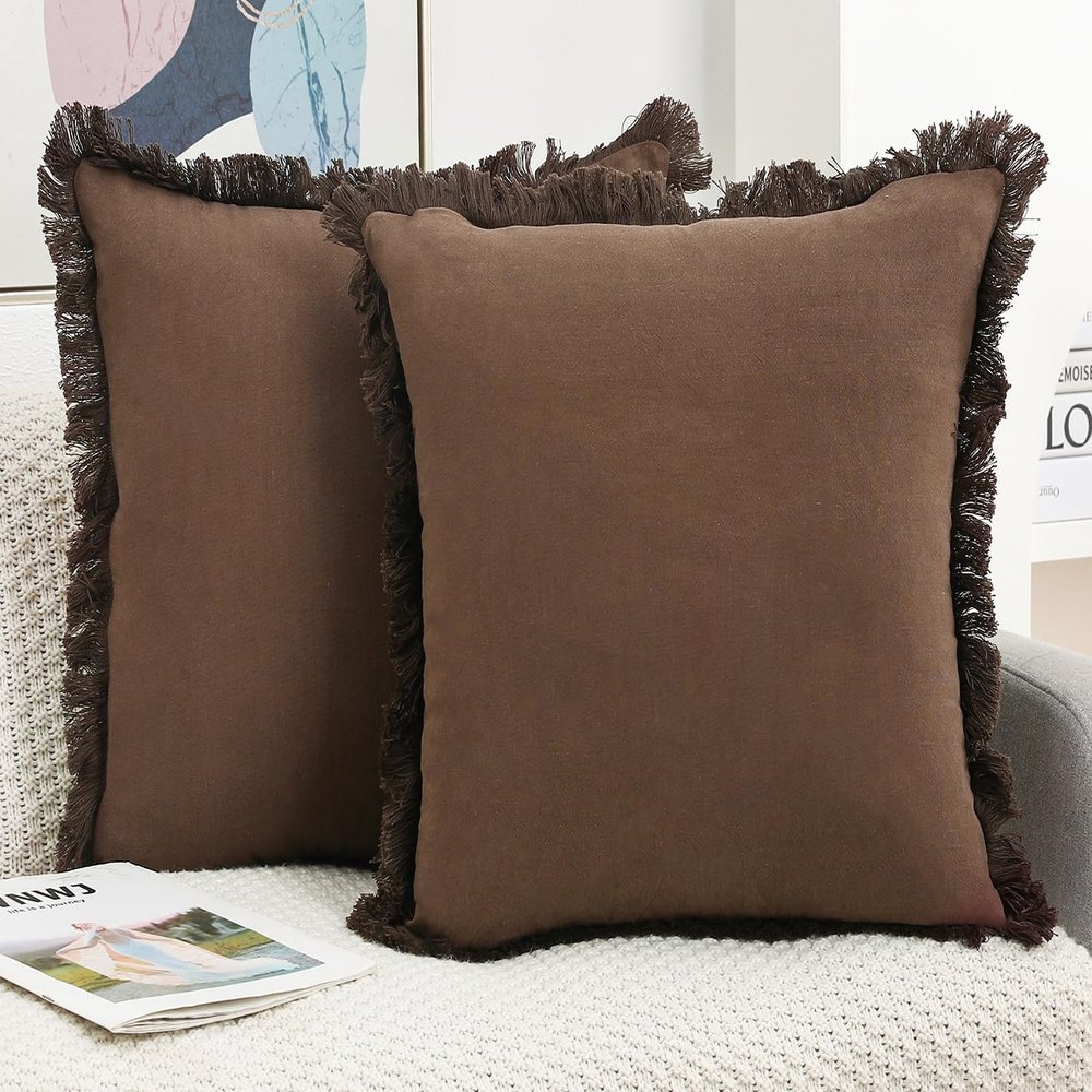 NUYECY Set of 2 Natural Linen Fringed Throw Pillow Covers,Chocolate Neutral Decorative Pillowcase with Chic Tassel Burlap Boho Square Cushion Covers for Couch Sofa Farmhouse,22x22 inches