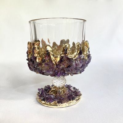 AANTHROPOLOGY By Rhea Set of 2 |Crystal Wine Glasses with Gold Plated Purple Amethyst Agate/Quartz Semi - precious Crystals | 7 oz/210 ml (Gold - Finish)