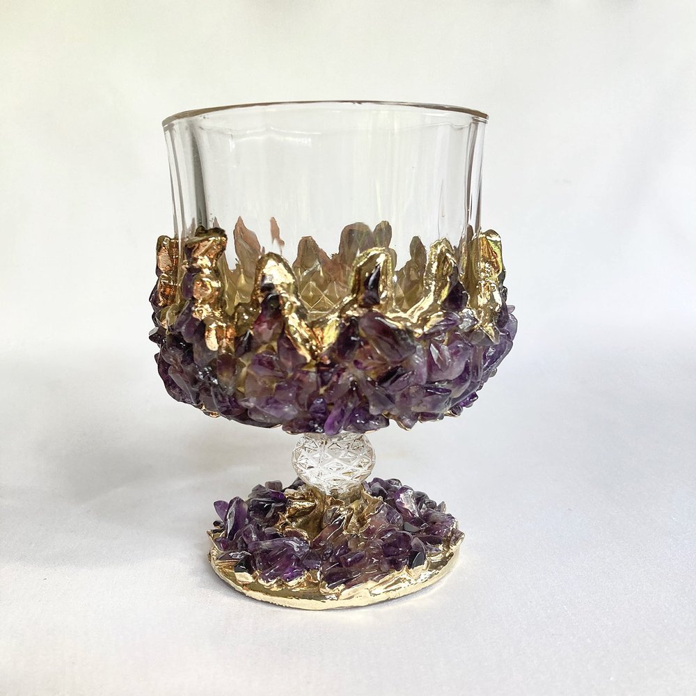AANTHROPOLOGY By Rhea Set of 2 |Crystal Wine Glasses with Gold Plated Purple Amethyst Agate/Quartz Semi - precious Crystals | 7 oz/210 ml (Gold - Finish)