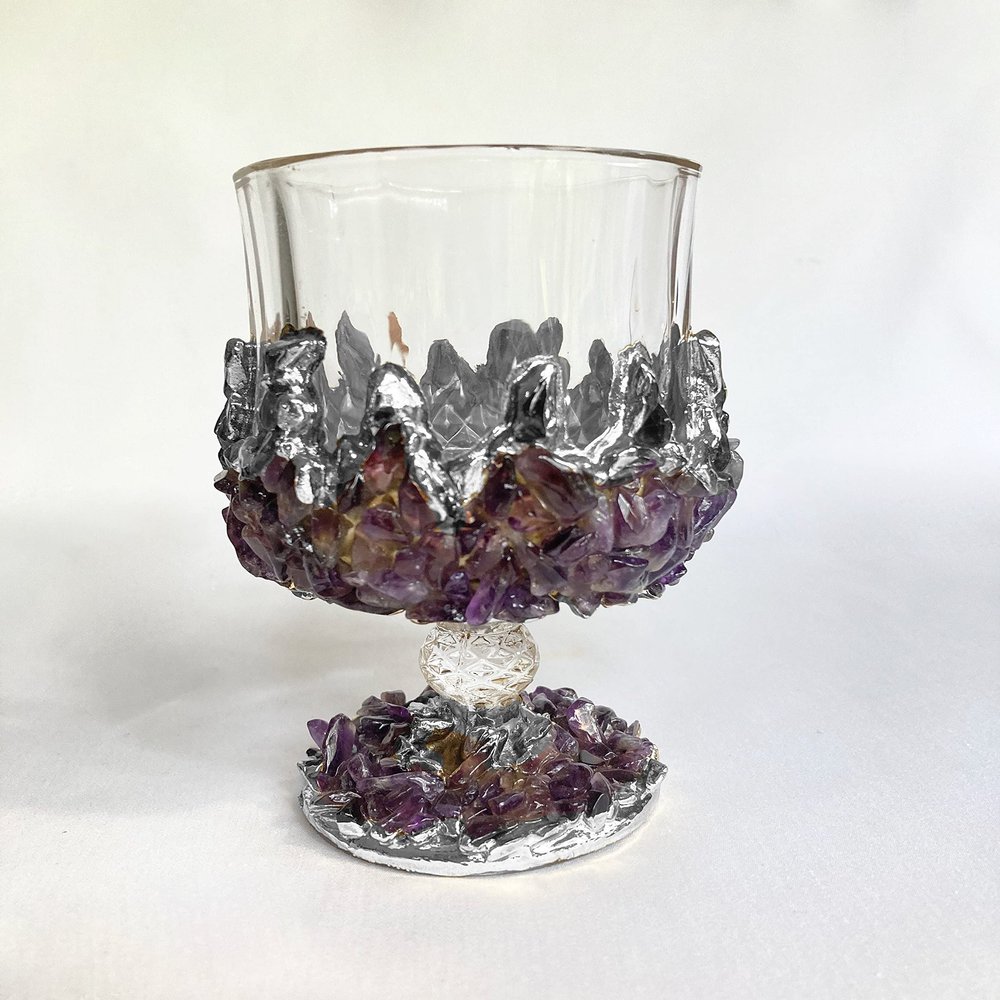 AANTHROPOLOGY By Rhea Set of 2 |Crystal Wine Glasses with Gold Plated Purple Amethyst Agate/Quartz Semi - precious Crystals | 7 oz/210 ml (Silver - Finish)