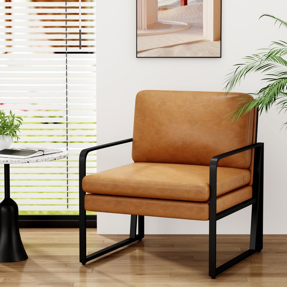 Andeworld Modern Accent Chair,Mid Century Living Room Armchair, Upholstered Faux Leather Sofa Side Chair with Metal Legs for Reading,Lounging,Bedroom Apartment,Brown