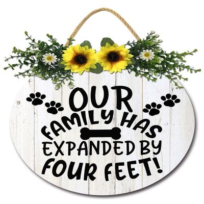 Isaric Funny Home Decor for Dog and Cat Lovers, Pet Wall Hanging Decorative Sign, Our Family is Expanding By Four Feet Sign for Front Door Porch Decor - Farmhouse Door Sign Welcome Wreath Sign Hanging for Dogs and Cats or Pets Lovers Christmas Decora
