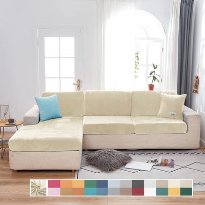 Rosygulls Separate Velvet Sofa Cover,Couch Covers for 2 Cushion Couch,Super Stretch Wear-Resistant Sofa Slipcovers,Washable Furniture Protector with Anti-Slip Elastic Bottom(Beige,Triple Seat)