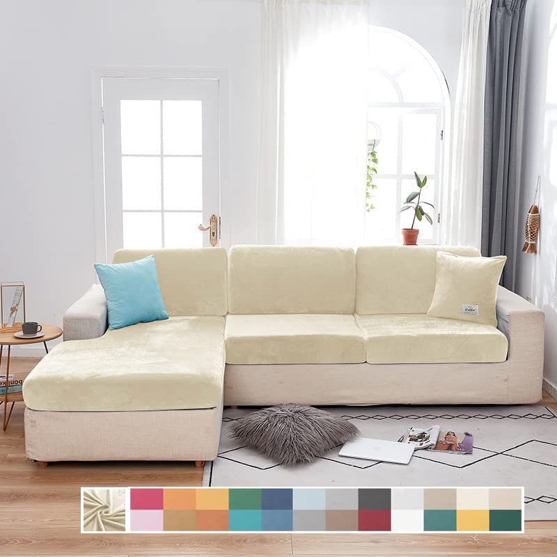 Rosygulls Separate Velvet Sofa Cover,Couch Covers for 2 Cushion Couch,Super Stretch Wear-Resistant Sofa Slipcovers,Washable Furniture Protector with Anti-Slip Elastic Bottom(Beige,Triple Seat)