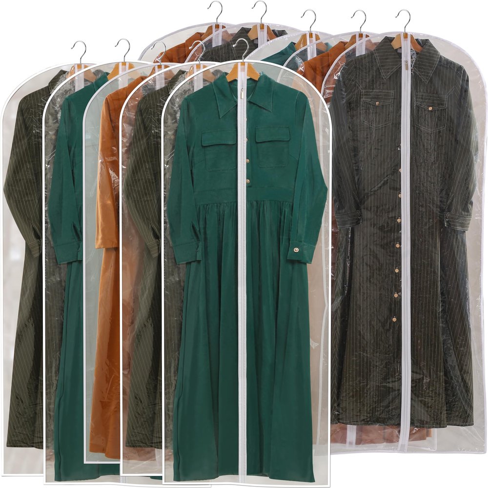 Perber All Clear Garment Bags for Hanging Clothes, 60" Dress Bags for Gowns Long, Plastic Dustproof Dress Garment Bag, Long Dress Bag with Zipper for gown, winter long coats, dance costume10 Packs