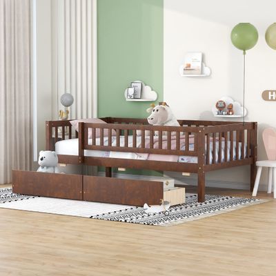 Harper & Bright Designs Twin Size Kids Bed Frame with 2 Drawers, Wood Twin Daybed with Fence, Storage Bed Frame Twin Size for Girls and Boys, Twin Platform Bed for Kids, No Box Spring Needed (Walnut)