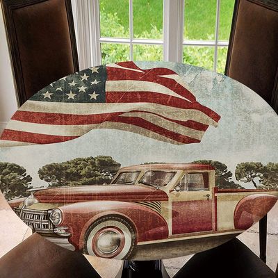 4th of July American Flag Tablecloth Elastic Fitted Edge Table Cloth Round Table Cover Washable Reusable for Kitchen Dining Picnic Party, Tablecloth Size 68"(Fit for 56.2"-60.1" Table), Type 10
