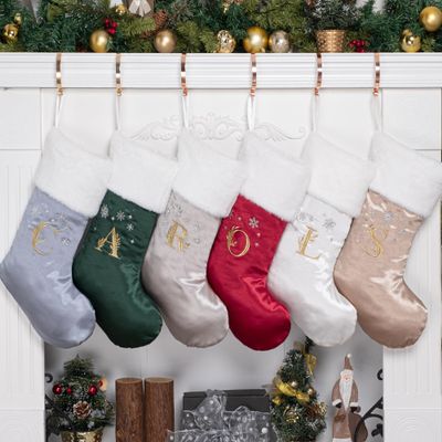 GEX Initial Christmas Stockings Monogrammed with Letters Personalized 20 Inch Large for Family Embroidery Silk Satin with Soft Faux Fur Christmas Ornament Tree Decorations (Green, Letter C)