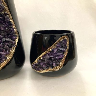Black and Gold Ceramic Vase/Planter/Pot/Wine Goblet/Mug with Amethyst Semi - Precious Agate Crystal Gemstones |Both(Small & Large), (Gold - Finish)