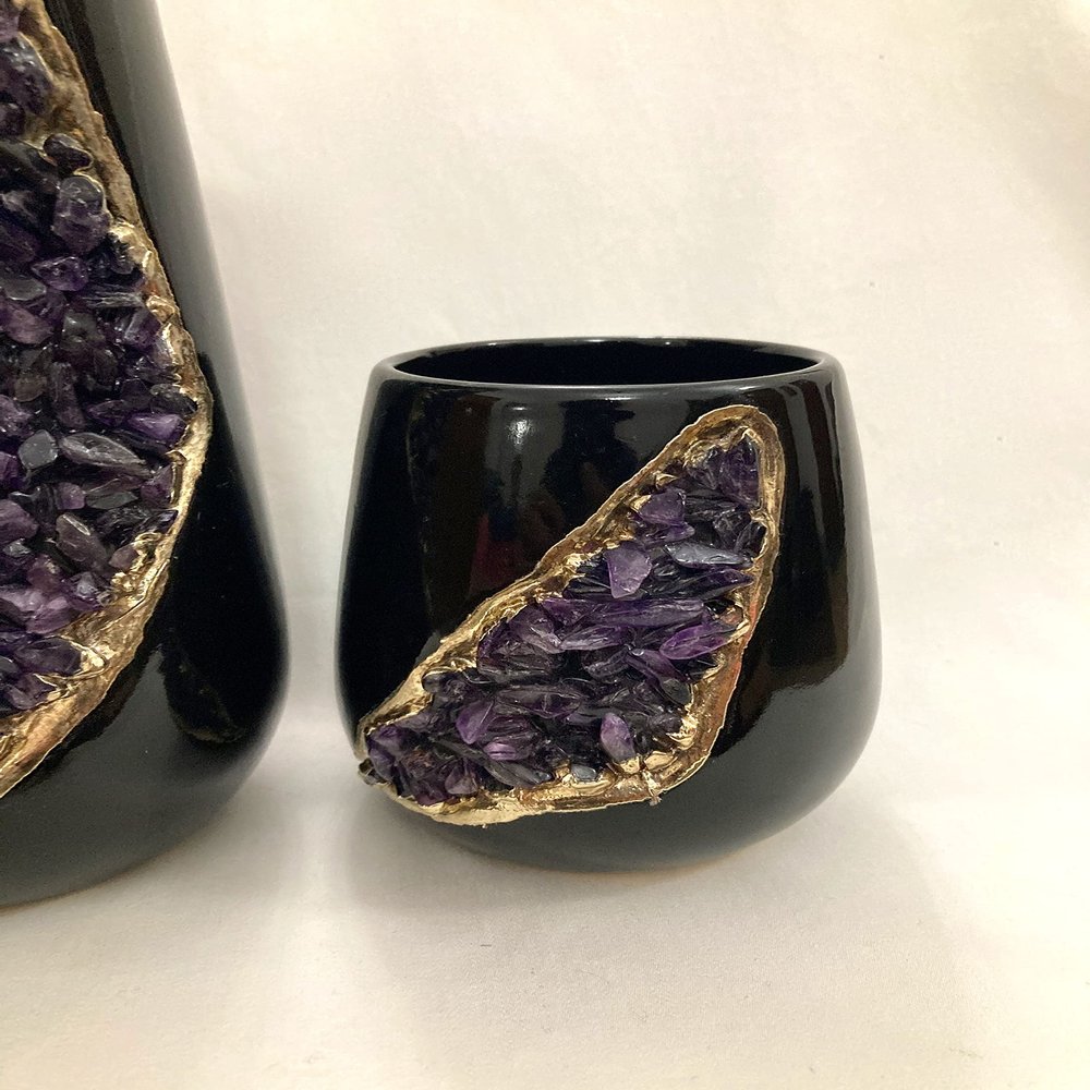 Black and Gold Ceramic Vase/Planter/Pot/Wine Goblet/Mug with Amethyst Semi - Precious Agate Crystal Gemstones |Both(Small & Large), (Gold - Finish)
