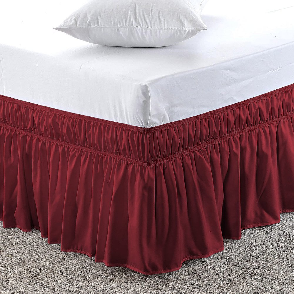 Dust Ruffle Wrap Around Bed Skirt for Twin XL Size Bed 18 Inch Drop with Adjustable Three Fabric Sides Elastic Belts Easy to Install, Soft Cotton Fabric Bed Skirts(80 x 39 Inch), Burgundy