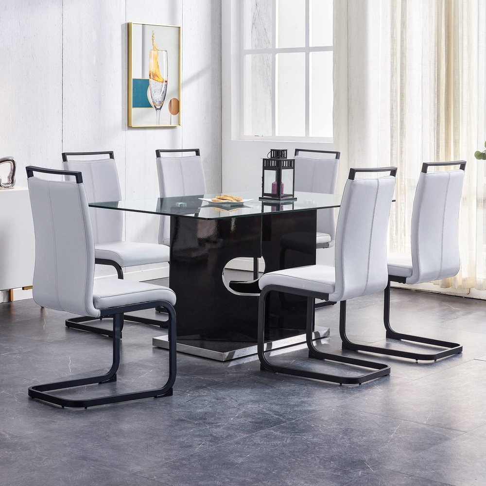 7 Pieces Dining Room Table Set, Modern Table and Chair Set for 6, 6 Light Grey Faux Leather Dining Chairs + 63" Glass Dining Table with 0.39" Tempered Glass Tabletop & Black High Glossy MDF Pedestal