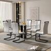 7 Pieces Dining Room Table Set, Modern Table and Chair Set for 6, 6 Light Grey Faux Leather Dining Chairs + 63" Glass Dining Table with 0.39" Tempered Glass Tabletop & Black High Glossy MDF Pedestal view 4
