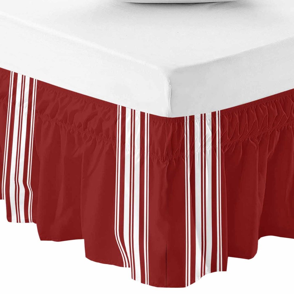 Red Striped Bed Skirt Queen Size 16 Inch Drop, Adjustable Elastic Bedskirt Dust Ruffle for Queen Bed, White Stripes Modern Abstract Art Wrap Around Bed Skirts Pleated Bed Frame Cover