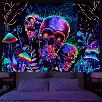 Amonercvita Blacklight Skull Tapestry Trippy Skeleton Wall Tapestries UV Reactive Neon Plants Trees Tapestries Aesthetic Galaxy Space Tapestry Wall Hanging for Bedroom Decor(W59.1H78.7 inches)