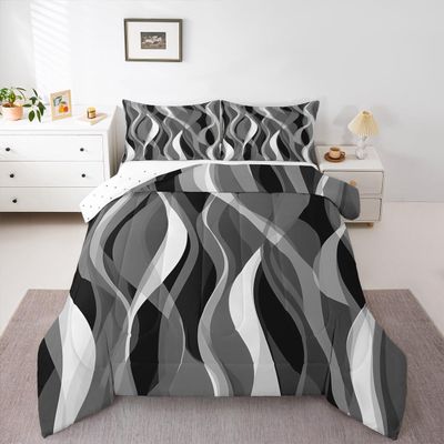 Feelyou Grey Black Stripes Comforter Set Twin Size Kids Geometric Comforter for Boys Teens Geometric Bedding Set Modern Striped Art Abstract Art Duvet Set Room Decor Quilt Boys