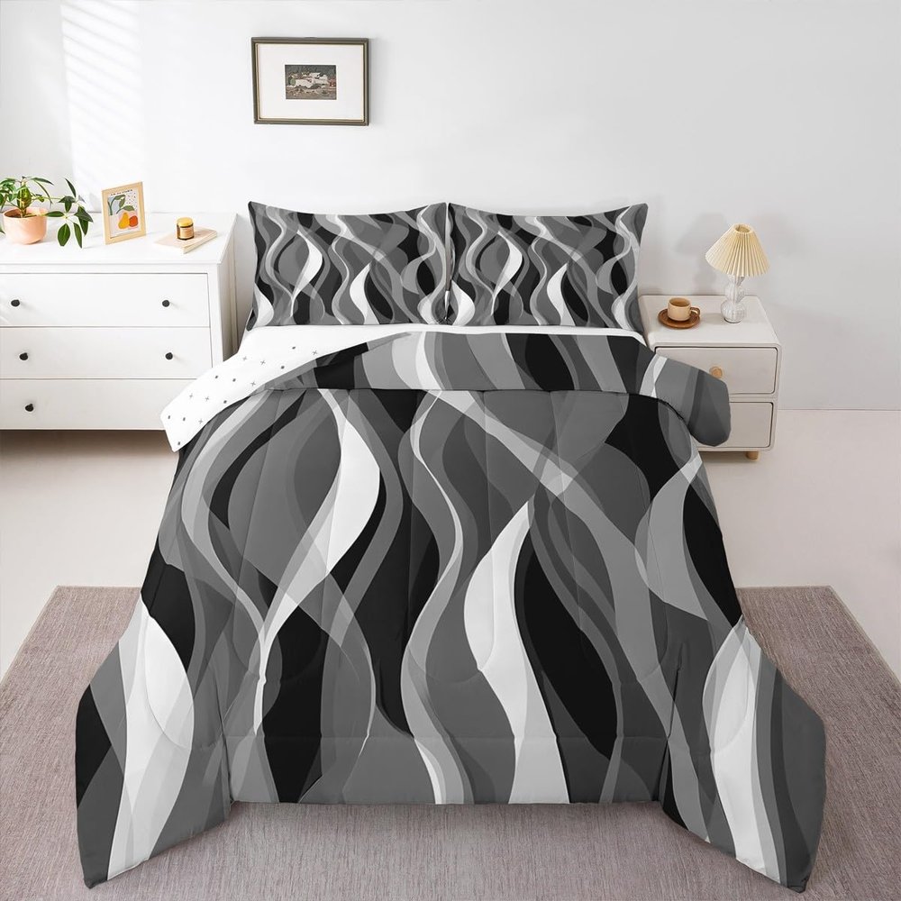 Feelyou Grey Black Stripes Comforter Set Twin Size Kids Geometric Comforter for Boys Teens Geometric Bedding Set Modern Striped Art Abstract Art Duvet Set Room Decor Quilt Boys