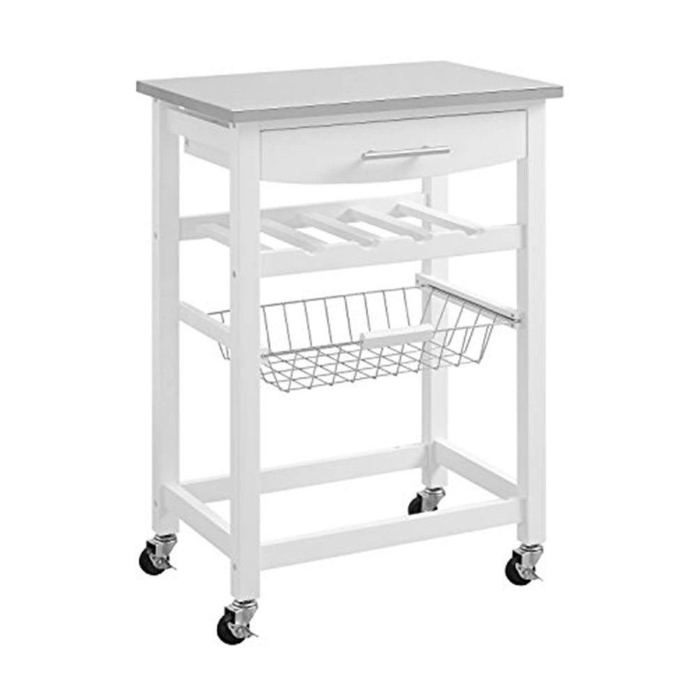 Linon Clarke White Kitchen Cart with Drawer, Rack & Locking Casters White