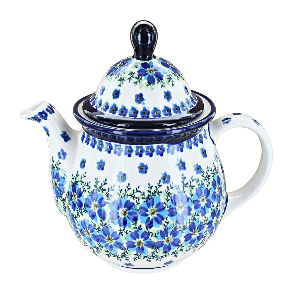 Blue Rose Polish Pottery - Blue Kalina Large Teapot - 7 Cup Capacity - Hand-Painted Polish Pottery Ceramic Coffee & Tea Server