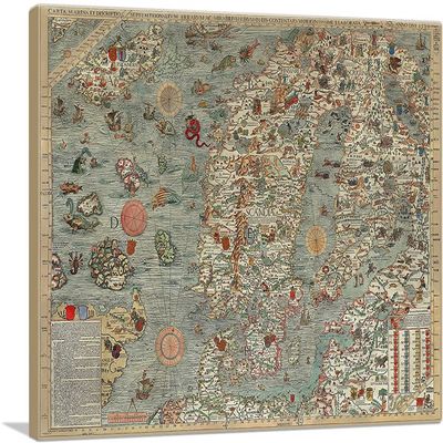 ARTCANVAS Carta Marina Marine Map Of The Sea 1539 Denmark Iceland Finland Sweden Canvas Art Print Stretched Framed Painting Picture Poster Giclee Wall Decor by Olaus Magnus - 26" x 18" (1.50" Deep)