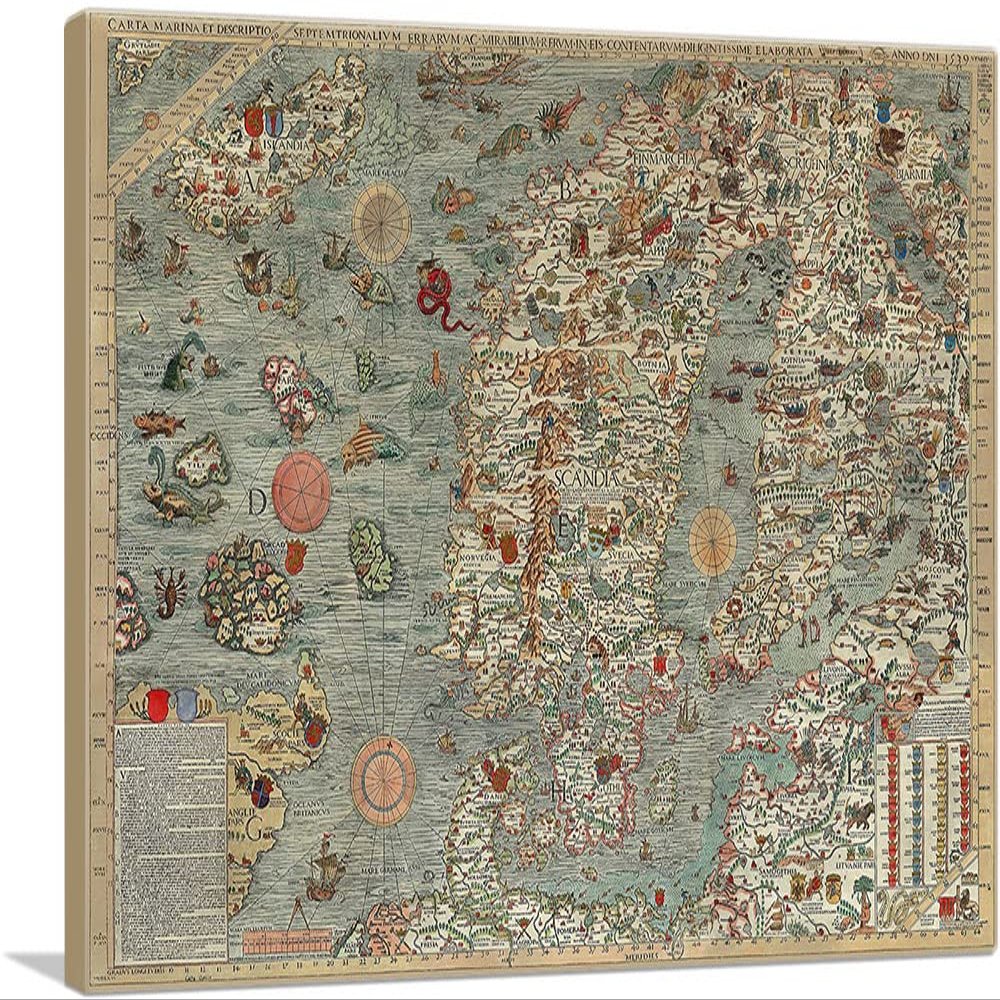 ARTCANVAS Carta Marina Marine Map Of The Sea 1539 Denmark Iceland Finland Sweden Canvas Art Print Stretched Framed Painting Picture Poster Giclee Wall Decor by Olaus Magnus - 26" x 18" (1.50" Deep)