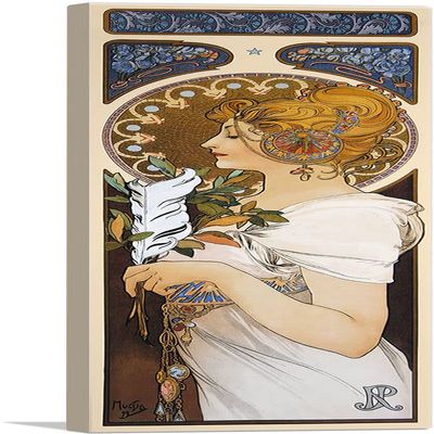 ARTCANVAS Feather Blue Brown Canvas Art Print Stretched Framed Painting Picture Poster Giclee Wall Decor by Alphonse Mucha - 36" x 12" (0.75" Deep)