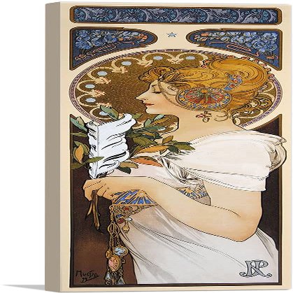 ARTCANVAS Feather Blue Brown Canvas Art Print Stretched Framed Painting Picture Poster Giclee Wall Decor by Alphonse Mucha - 36" x 12" (0.75" Deep)