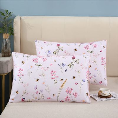 WINLIFE 100% Cotton Pillowcases Standard Size Pink Floral Bees Printed Pillow Cover 2 Pack, Super Soft Envelope Closure Pillow Case (Standard, 20"x26")