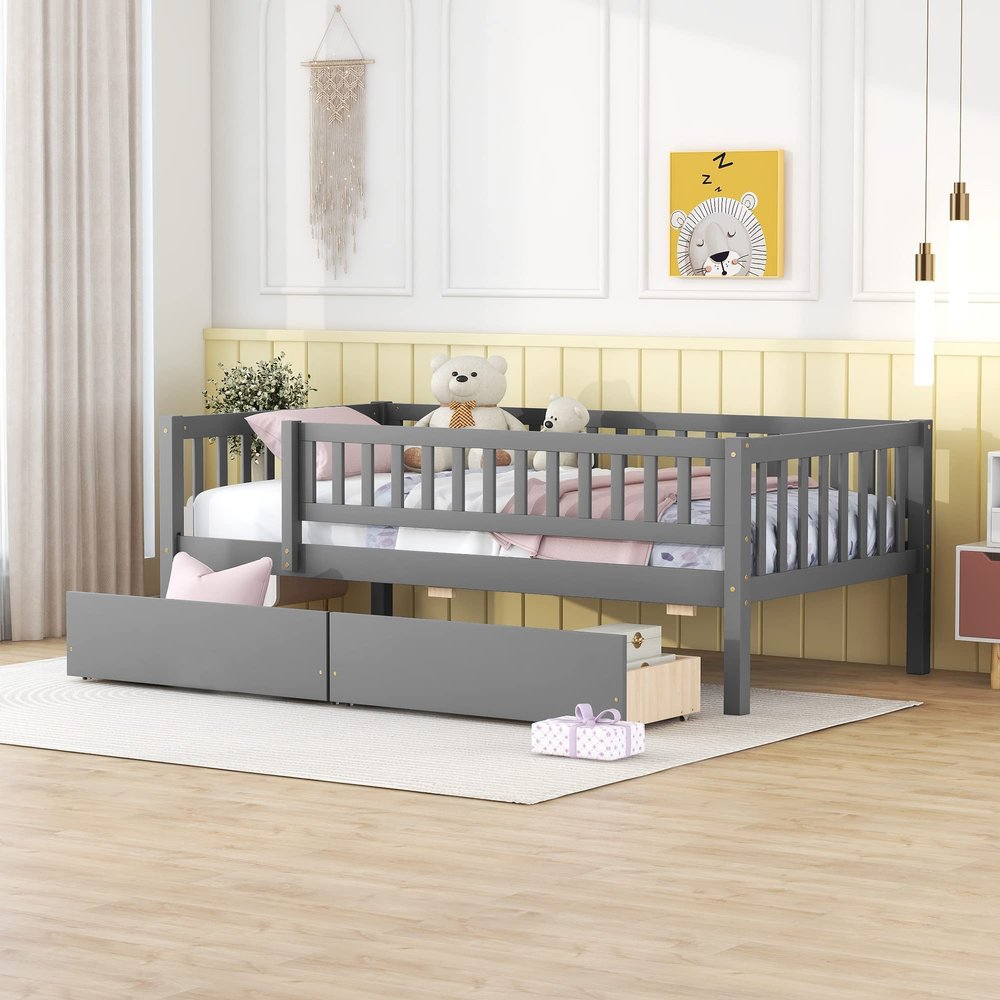 RUNNA Modern Wooden Twin Size Daybed with Two Drawers,Sofa Bed with Four-Sided Fence,for Kids Teens Adults Bedroom Use (Gray@x, Twin)