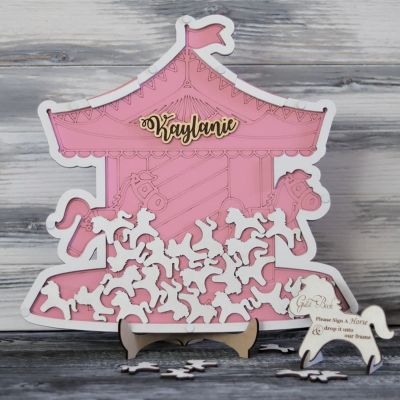 Personalized Wedding Wooden Guest Book: Acrylic Wooden Custom Name Guest Book Alternative Inserts Box DIY Rustic Wedding Heart Drop Guest Book for Anniversary Wedding Decor (Carousel)