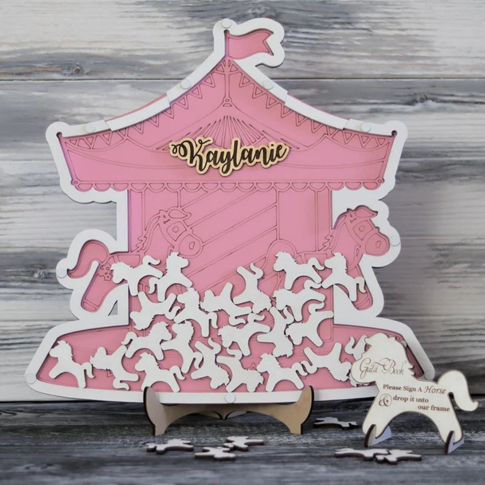 Personalized Wedding Wooden Guest Book: Acrylic Wooden Custom Name Guest Book Alternative Inserts Box DIY Rustic Wedding Heart Drop Guest Book for Anniversary Wedding Decor (Carousel)