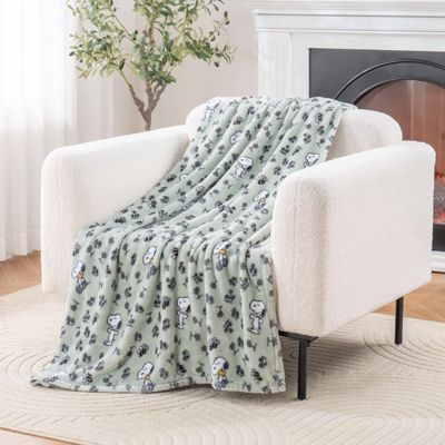 Berkshire Blanket Peanuts VelvetLoft Cute Character Snoopy Plush Throw Blanket,Peanuts Snoopy & Woodstock New Flower and Bees Sage,Throw 55 in x 70 in (Official Peanuts Product)