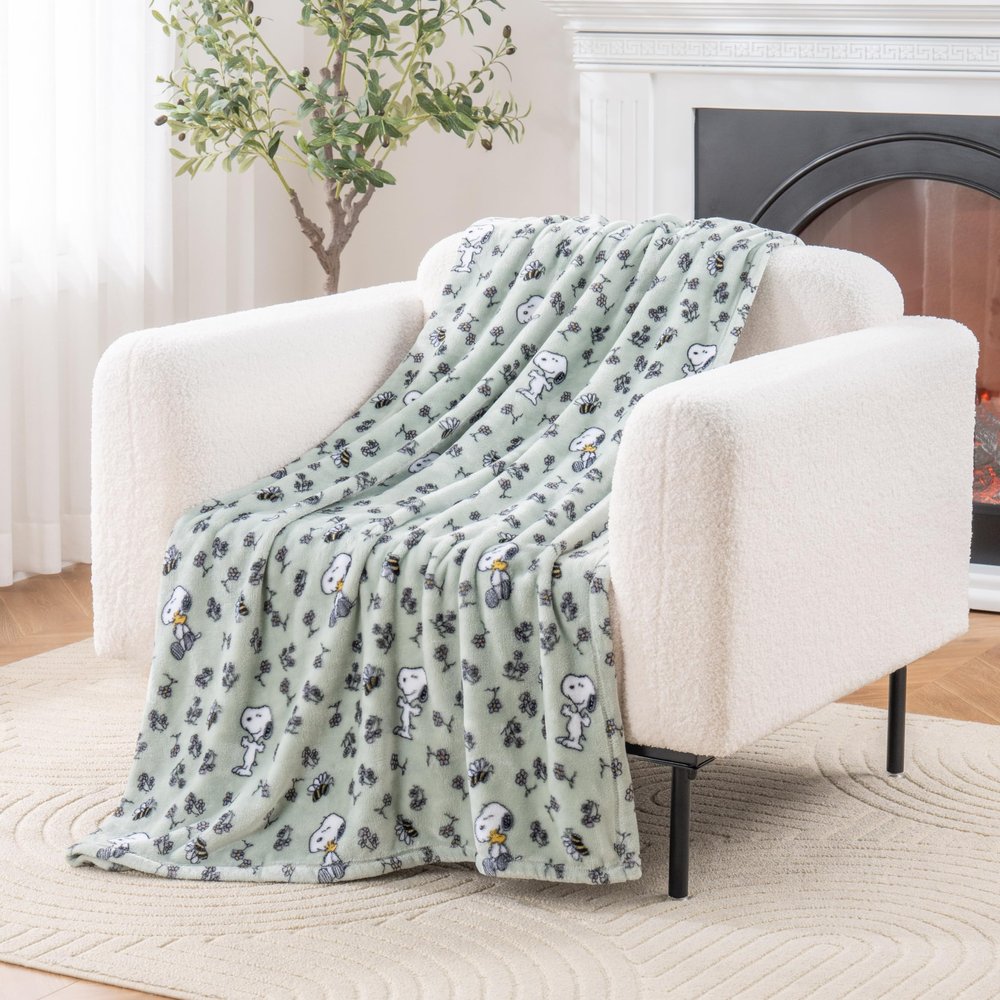 Berkshire Blanket Peanuts VelvetLoft Cute Character Snoopy Plush Throw Blanket,Peanuts Snoopy & Woodstock New Flower and Bees Sage,Throw 55 in x 70 in (Official Peanuts Product)