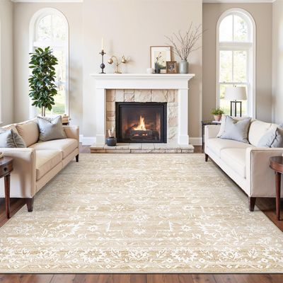 Soalmost 8x10 Washable Area Rugs for Living Room, Vintage Floral Non-Slip Low Pile Natural Rug Soft Throw Large Carpet for Dining Room Bedroom Home Office (Beige, 8'x10')