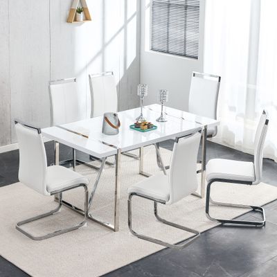 Btikita Dining Table Chairs Set for 4, Modern 55" Rectangular Kitchen Table with Leather Padded Chairs 5 Piece Dining Table Set for Dining Room (White, White Table + 6 Chairs)