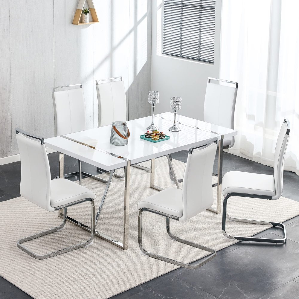 Btikita Dining Table Chairs Set for 4, Modern 55" Rectangular Kitchen Table with Leather Padded Chairs 5 Piece Dining Table Set for Dining Room (White, White Table + 6 Chairs)